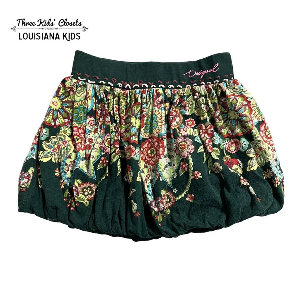 Desigual 7-8Y Forest Green Floral Rhinestone Bubble Skirt